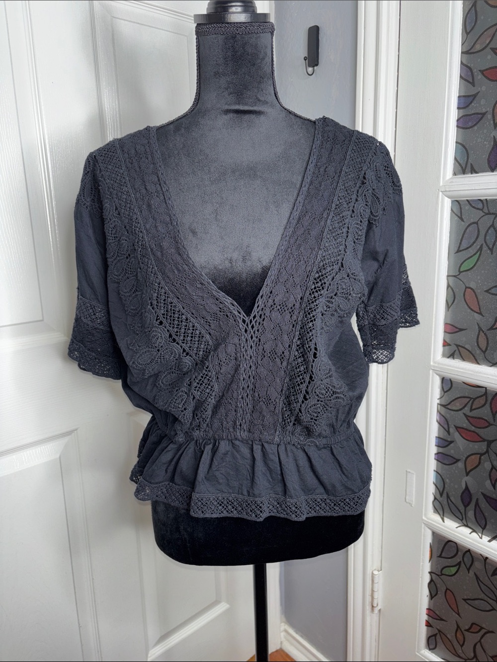 VENUS Black Lace-Trim Peplum V-Neck Blouse